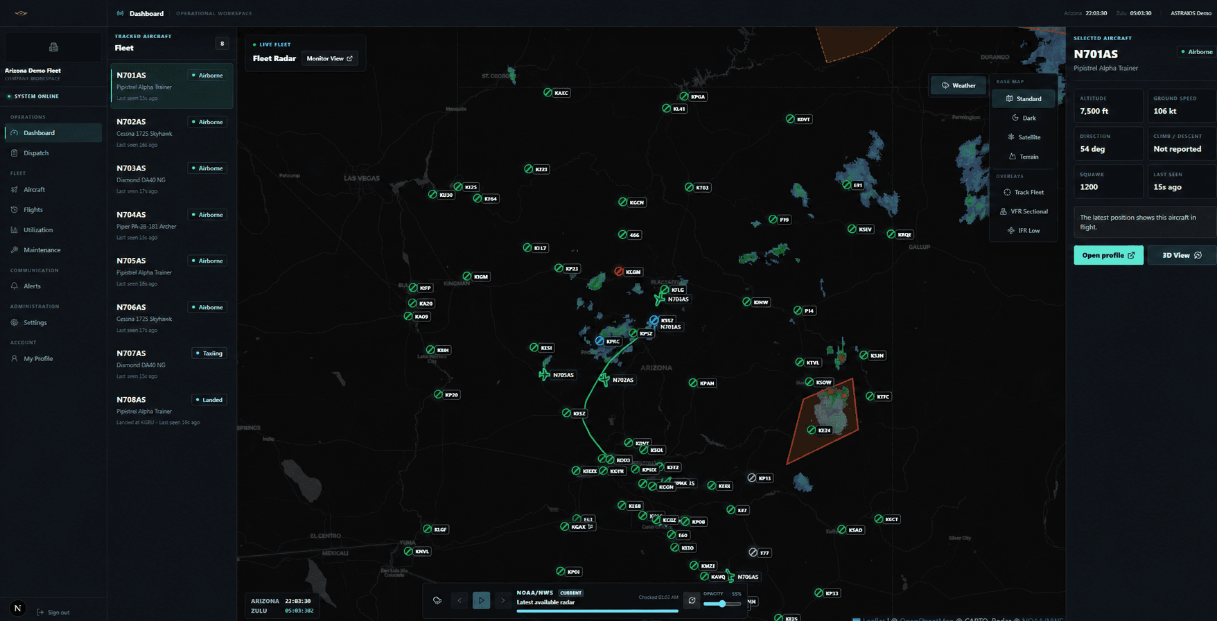 ASTRAIOS live fleet radar showing aircraft across Arizona, airport weather, and flight details